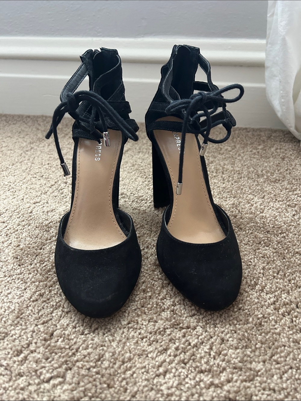 Express Black Lace-Up Suede Block Heel Pumps
